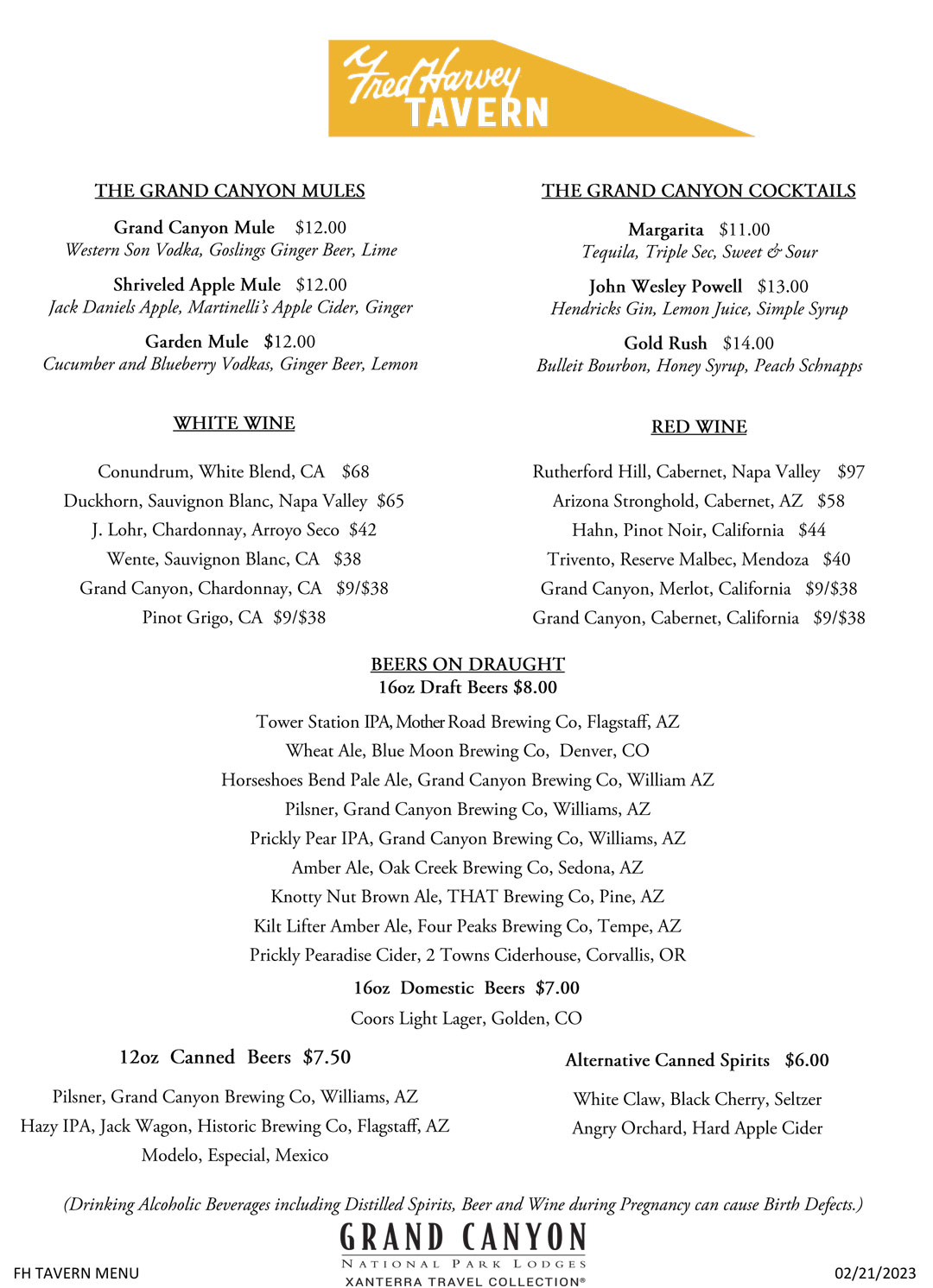 Fred Harvey Tavern Menu