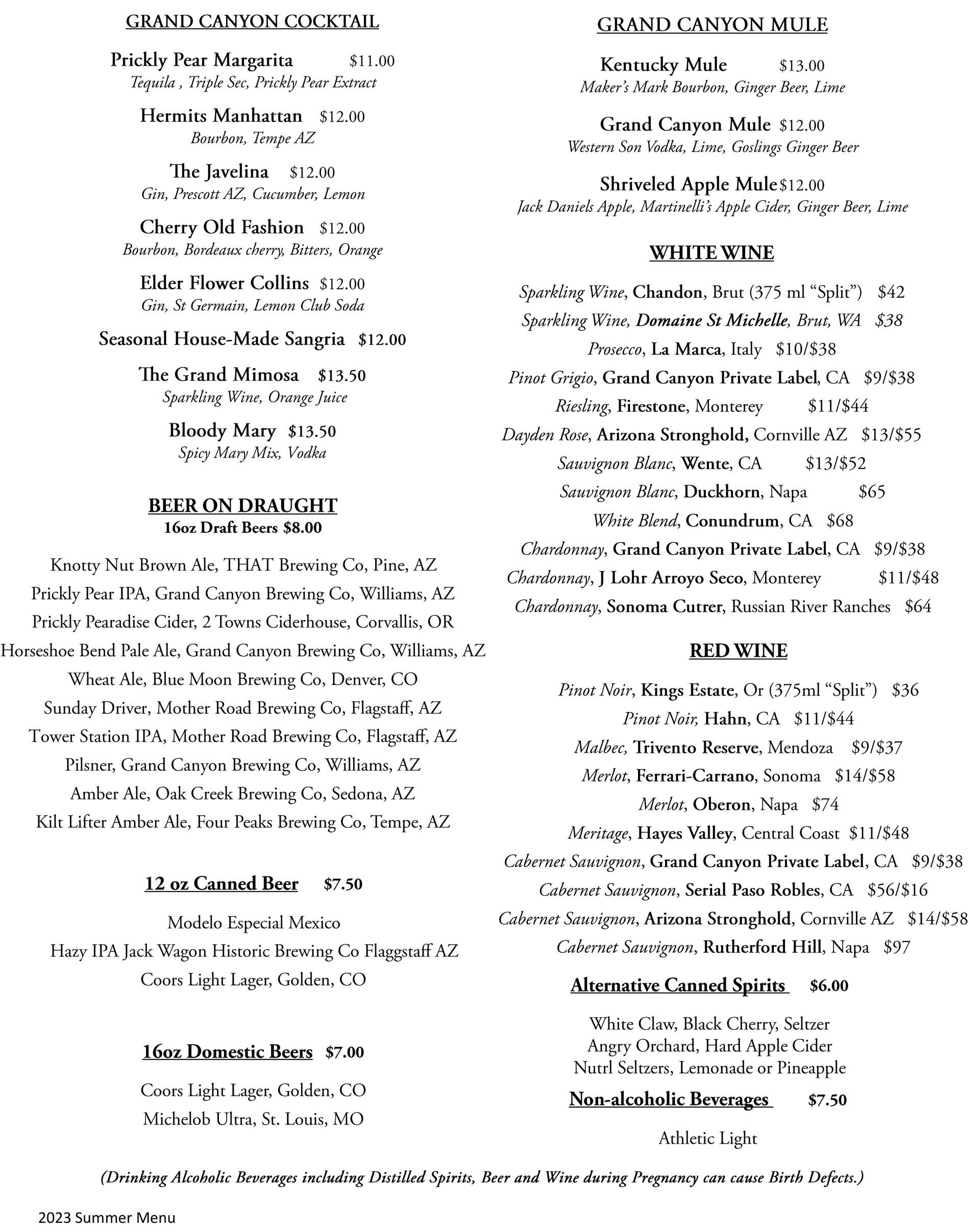 Fred Harvey Tavern Menu