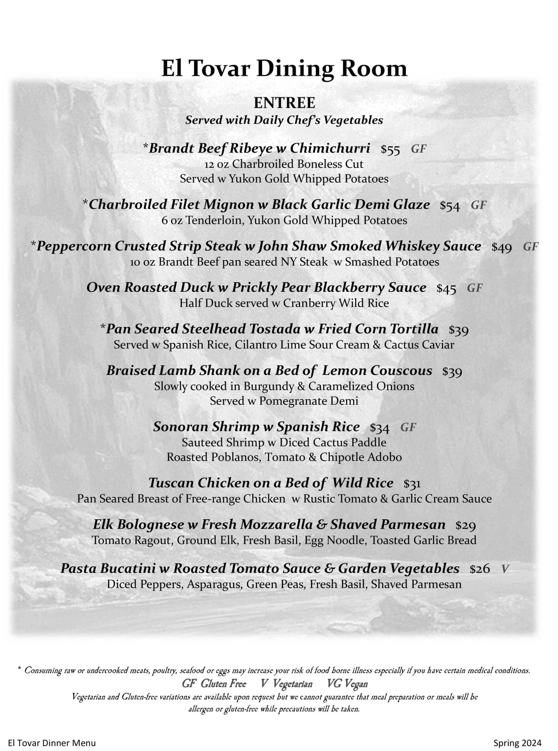 El Tovar Dining Room Menus