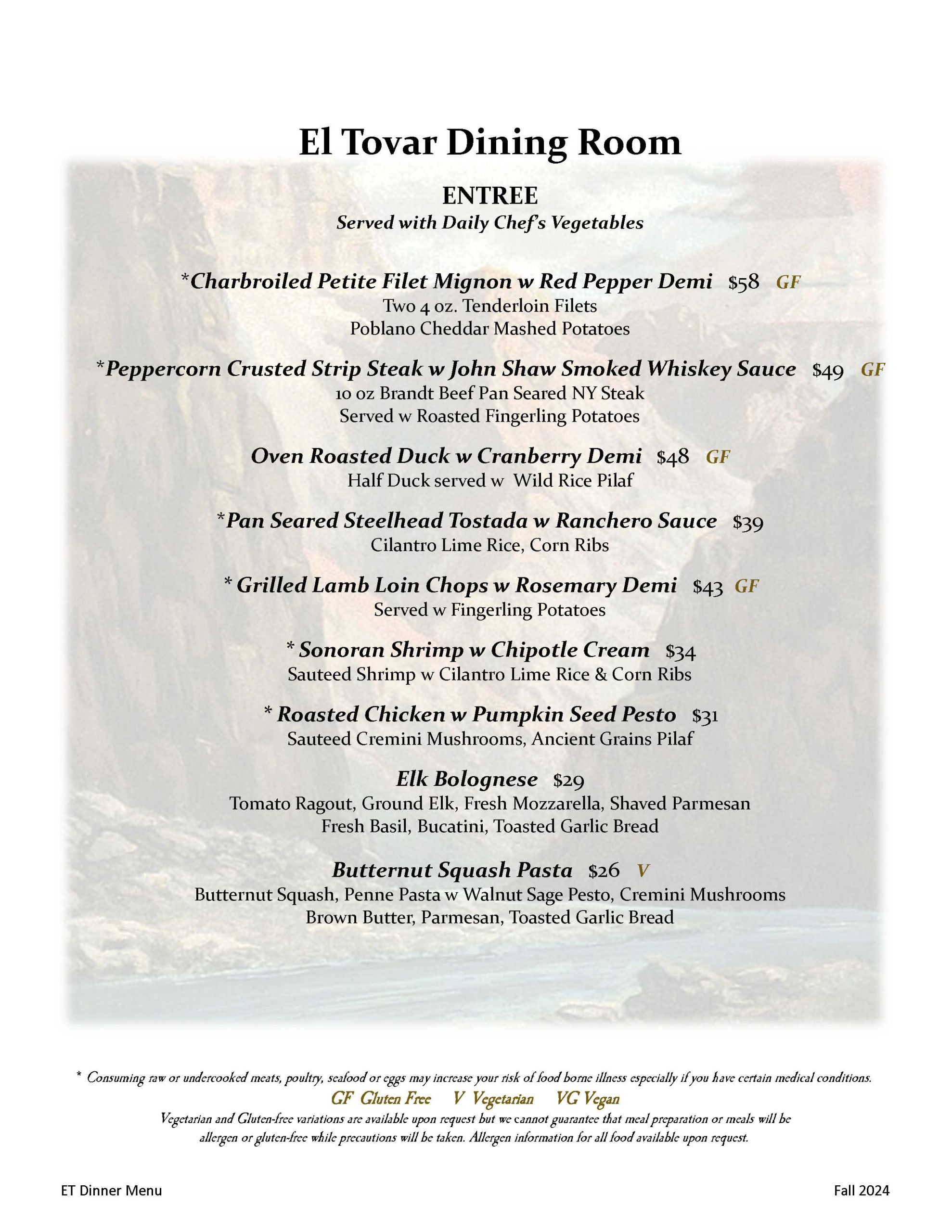 El Tovar Dining Room Menus