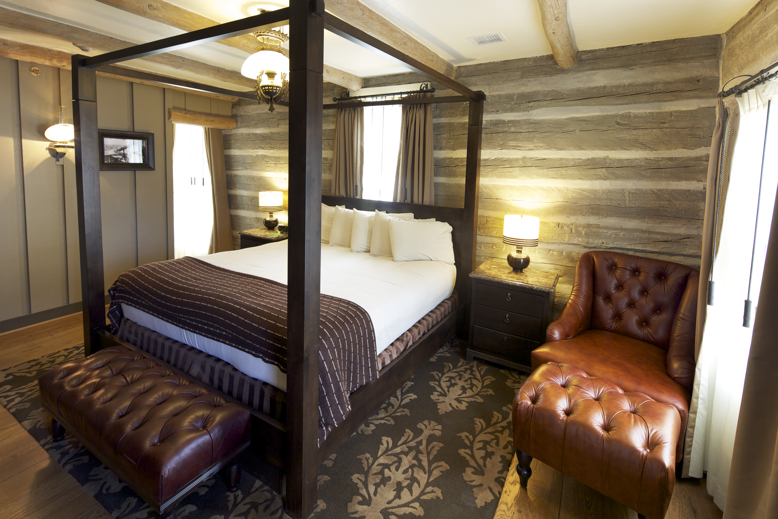 Bedroom in the Red Horse Cabin suite at Bright Angel Lodge.